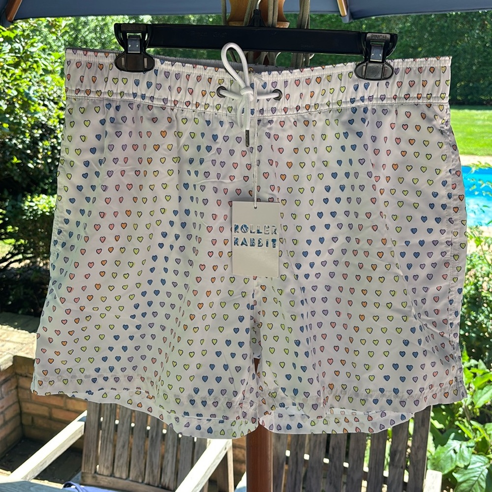 Roller Rabbit Disco Hearts Men’s Swim Trunks Size Large Rainbow NWT RARE!